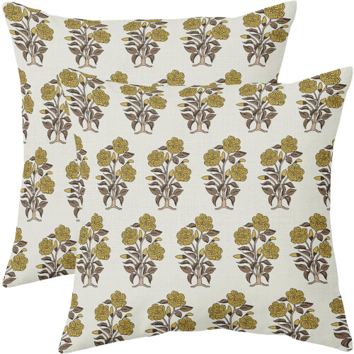 Μαξιλαροθήκες με floral μοτίβο, καφέ, κίτρινο, 16x16, σετ των 2