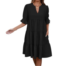 Women Loose Half Sleeve a Line Mini Dress Pleated V-Black L