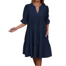 Women Loose Half Sleeve a Line Mini Dress Pleated V-dark blue S