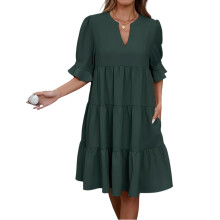Women Loose Half Sleeve a Line Mini Dress Pleated-dark green M