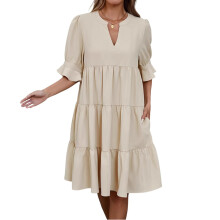 Women Loose Half Sleeve a Line Mini Dress Pleated V-apricot XXL