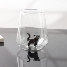 Verre à vin sans pied en forme de chat, soufflé à la main et orné d'un chat en 3D