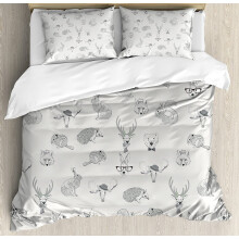 Grey Duvet Cover Set with Forest Animal Print, 3-Piece