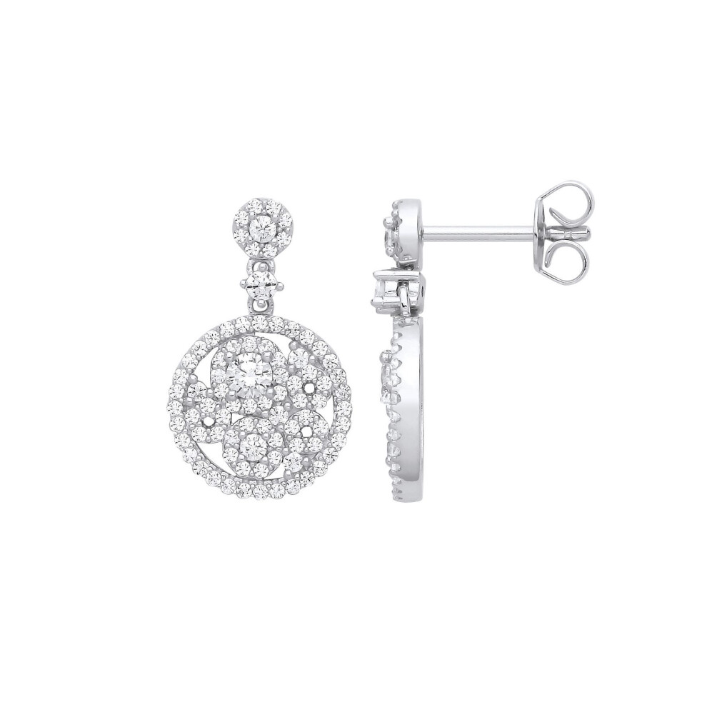 Jewelco London Ladies Rhodium Plated Sterling Silver Cz Circle Of Life Multi Cluster Drop Earrings - Eag1232