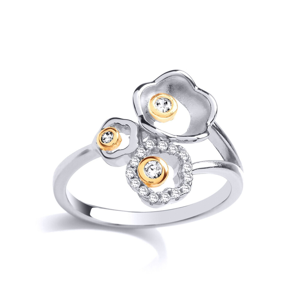 Jewelco London (M) Ladies Rhodium & Yellow Gold-Plated Sterling Silver Cubic Zirconia Daisy Flowers Cluster Ring - Gvr833 Silver,Yellow