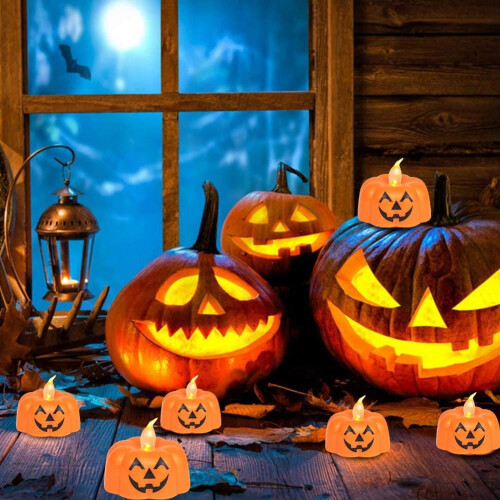 Halloween pumpkin tea lights battery operated 6 pack 2