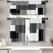 Kitchen Curtains Set of 3 Black Grey 52x24 Rod Pocket
