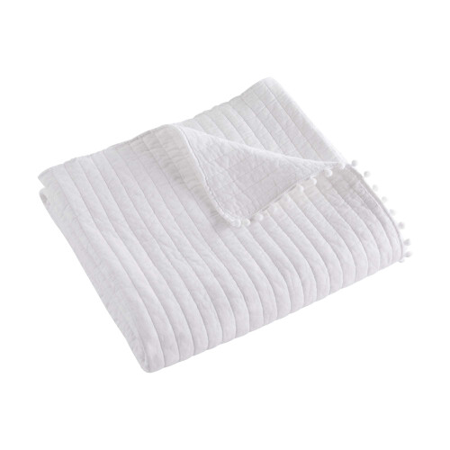 Levtex quilted throw white cotton 50x60in reversible pom