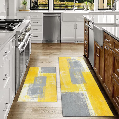 Yellow abstract kitchen rug mat non-slip 2-piece set 1