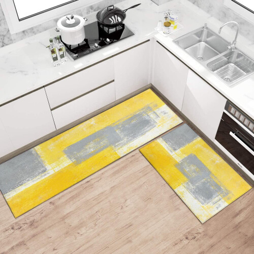 Yellow abstract kitchen rug mat non-slip 2-piece set 2