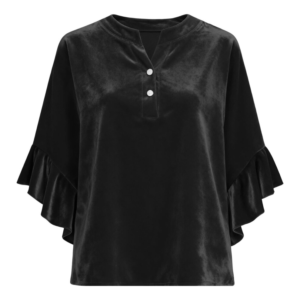 Black Women's Top, Elegant V-Neck Long-Sleeved Pullover,- M