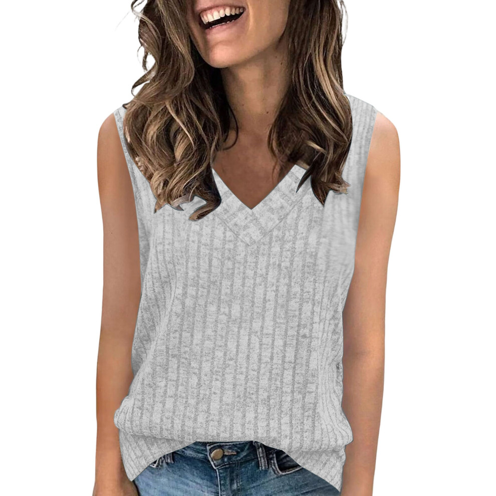 Gray Women's Ribbed Knit Vest Casual V-Neck Sleeveless- M