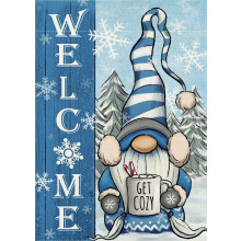 Drapeau de jardin Gnome d'hiver en toile de jute bleue 32 x 46 cm