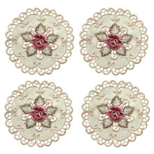 Set of 4 Round White Floral Placemats with Embroidered Lace
