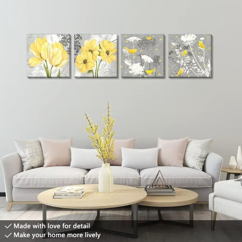 Ensemble de 4 toiles encadrées « Fleurs jaunes et oiseaux » 2