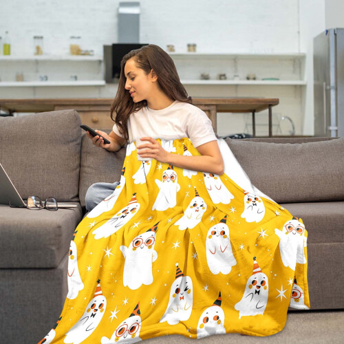 Halloween throw blanket yellow ghost design 39.37x59.05 in 2