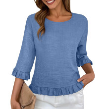 Womens Ruffle 3/4 Sleeve Tops Casual Linen Blouses-gray blue S