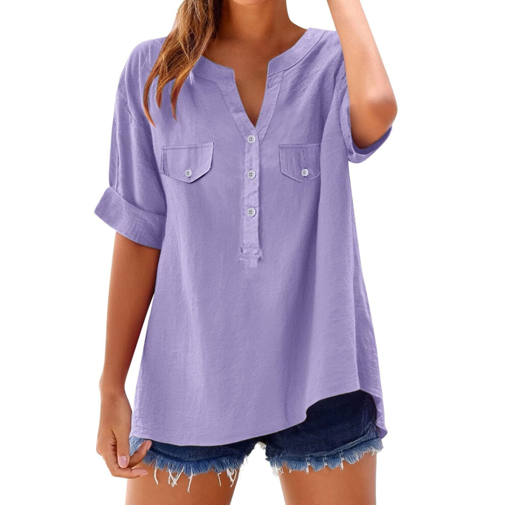 Purple Women's Button-Down Linen Clothing, Comfortable And- S