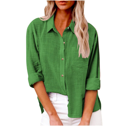 Womens Cotton Linen Button Down Shirt-Green M