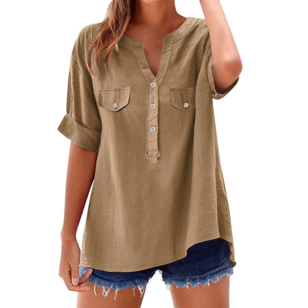 Women's button-down linen clothing, comfortable and-Khaki L