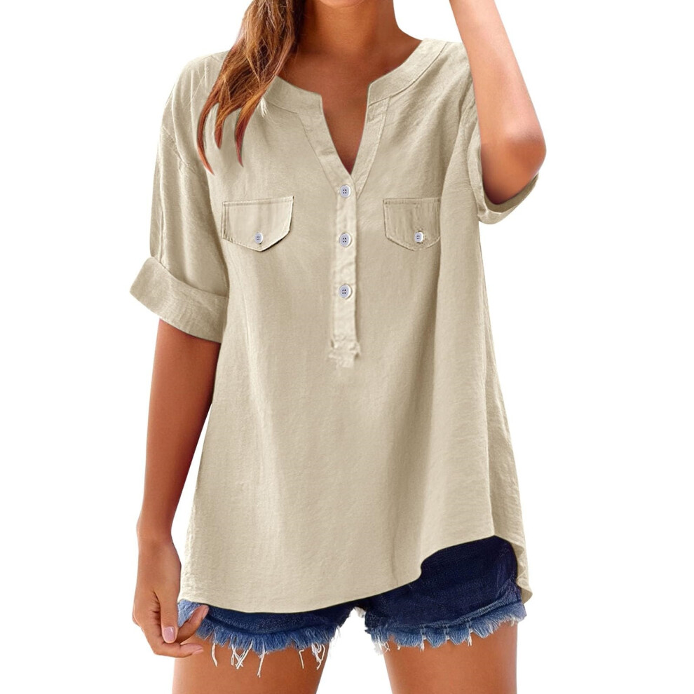 Women's button-down linen clothing, comfortable and-apricot XXL
