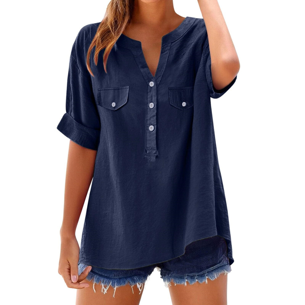 Blue Women's Button-Down Linen Clothing, Comfortable And-Navy M