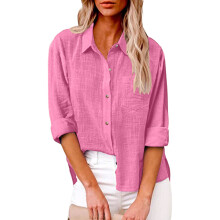 Womens Cotton Linen Button Down Shirt-rose red 5XL