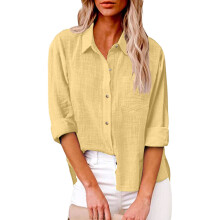Womens Cotton Linen Button Down Shirt-Yellow XXXL