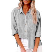 Womens Cotton Linen Button Down Shirt-Gray XL