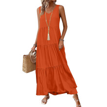 Women Casual Sleeveless V-neck Flowy Tiered Maxi-Orange M