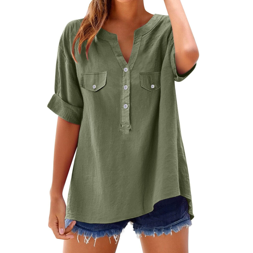 Green Women's Button-Down Linen Clothing, Comfortable-Army M