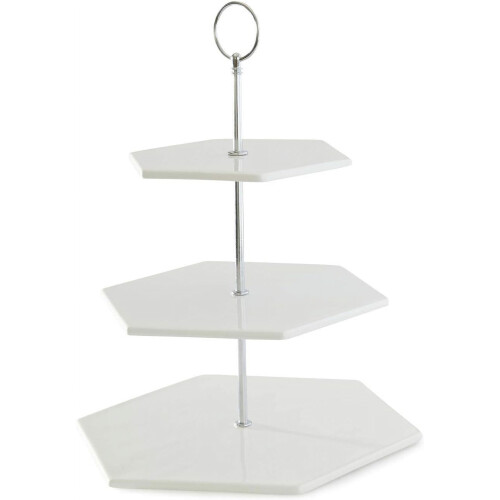 Suporte para bolo hexagonal prateado de 3 andares