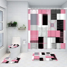 Ensemble rideau de douche rose avec tapis de bain antidérapant et toilettes