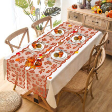 Caminho de mesa com estampa de folha de bordo, 33 x 183 cm, renda laranja.