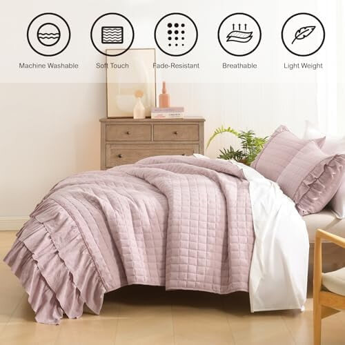 Dusty Pink Ruffled Quilt Set King Pre-Washed Microfiber 1