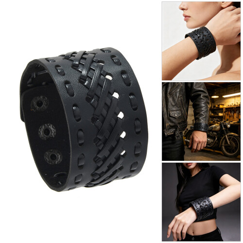 Schwarzes Lederarmband mit geometrischem Muster, verstellbare 1