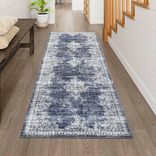 Blue vintage machine washable hallway runner rug 2 ft x 6 ft 2