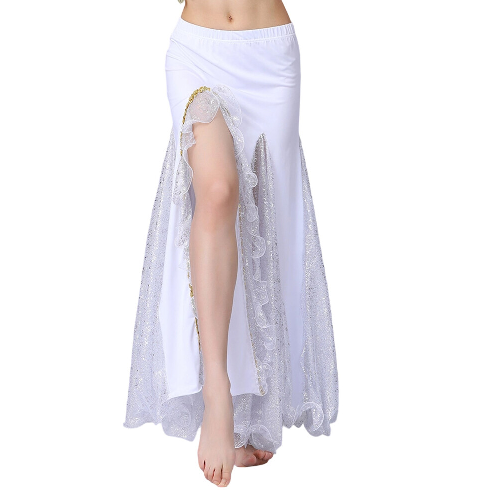 White Belly Dance Skirt Sequins Slit Tribal Bellydance Skirts