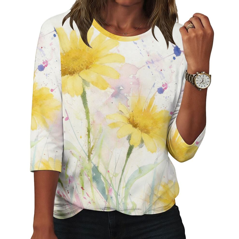 White Women's Flowers Print Shirt Casual Three-Quarter- L