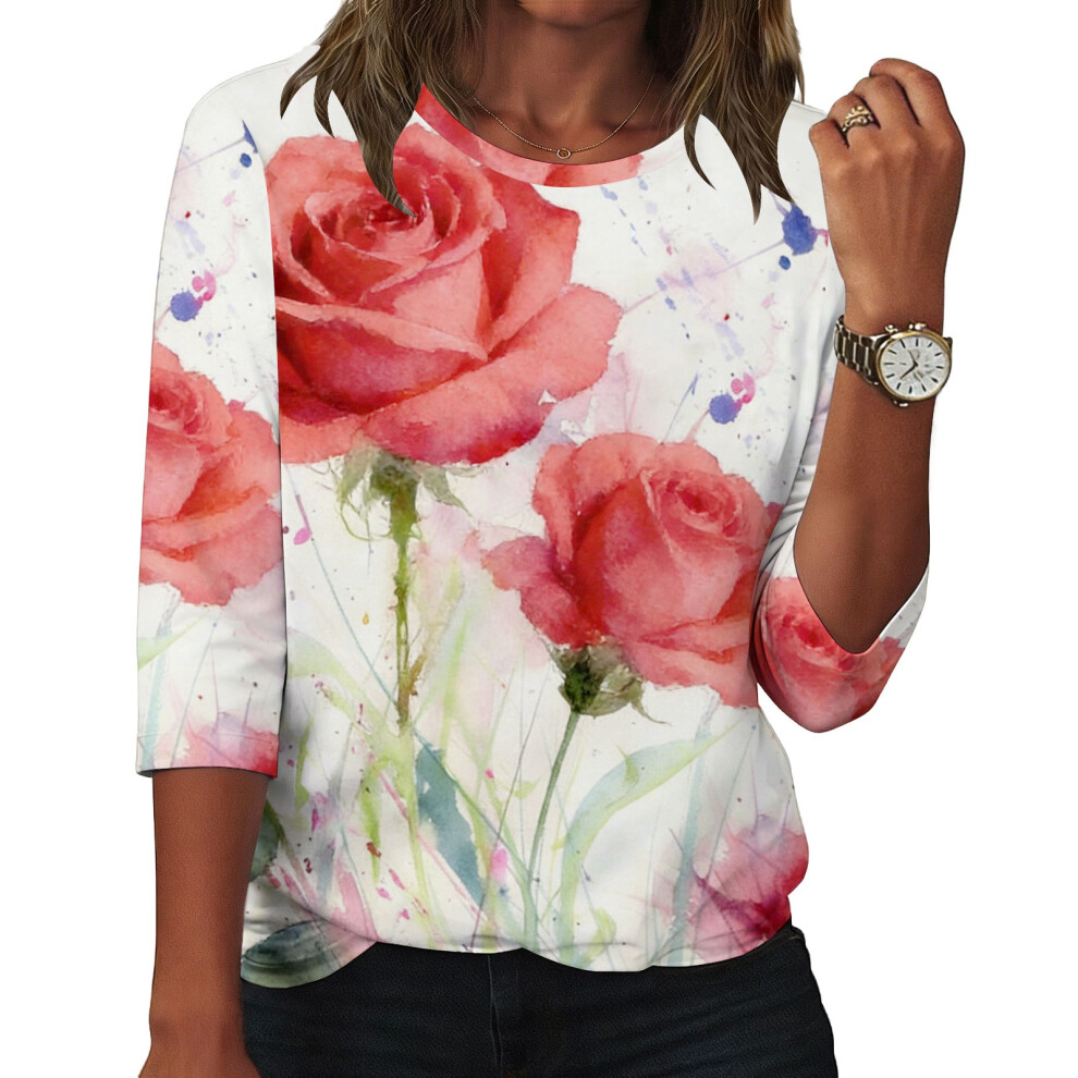 Ivory Women's Flowers Print Shirt Casual Three-Quarter- Xxl