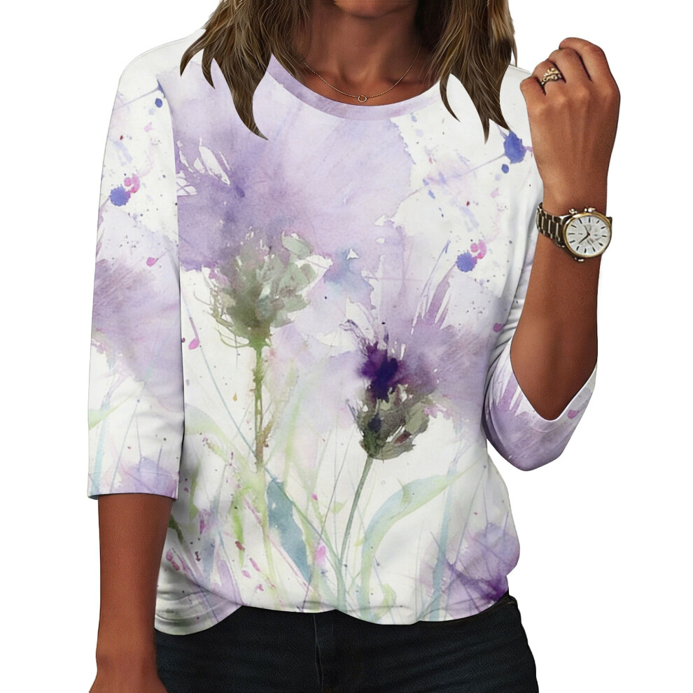 Yellow Women's Flowers Print Shirt Casual Three-Quarter- Xxl