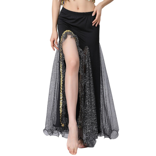 Dancing Skirt Belly Dancer Outfit Flowy Sequins Slit-Black