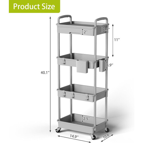 4-Tier Rolling Storage Cart – Grey, 14.9" x 10.6" x 29.1" 2