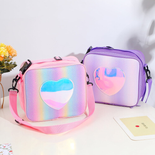 Τσάντα φαγητού Rainbow Hearts, φορητή, μονωμένη, ροζ, Bento Pouch 2