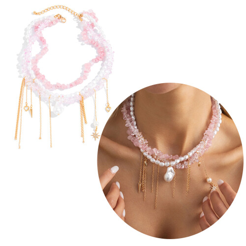Collier de galets roses tendance avec des accents de perles 1