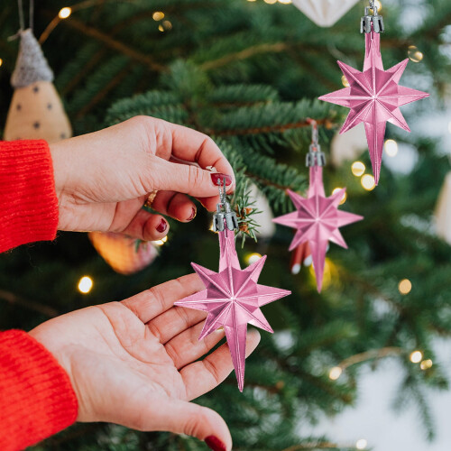 12pcs Pink Star Christmas Tree Ornaments, Plastic, 3.15in 2