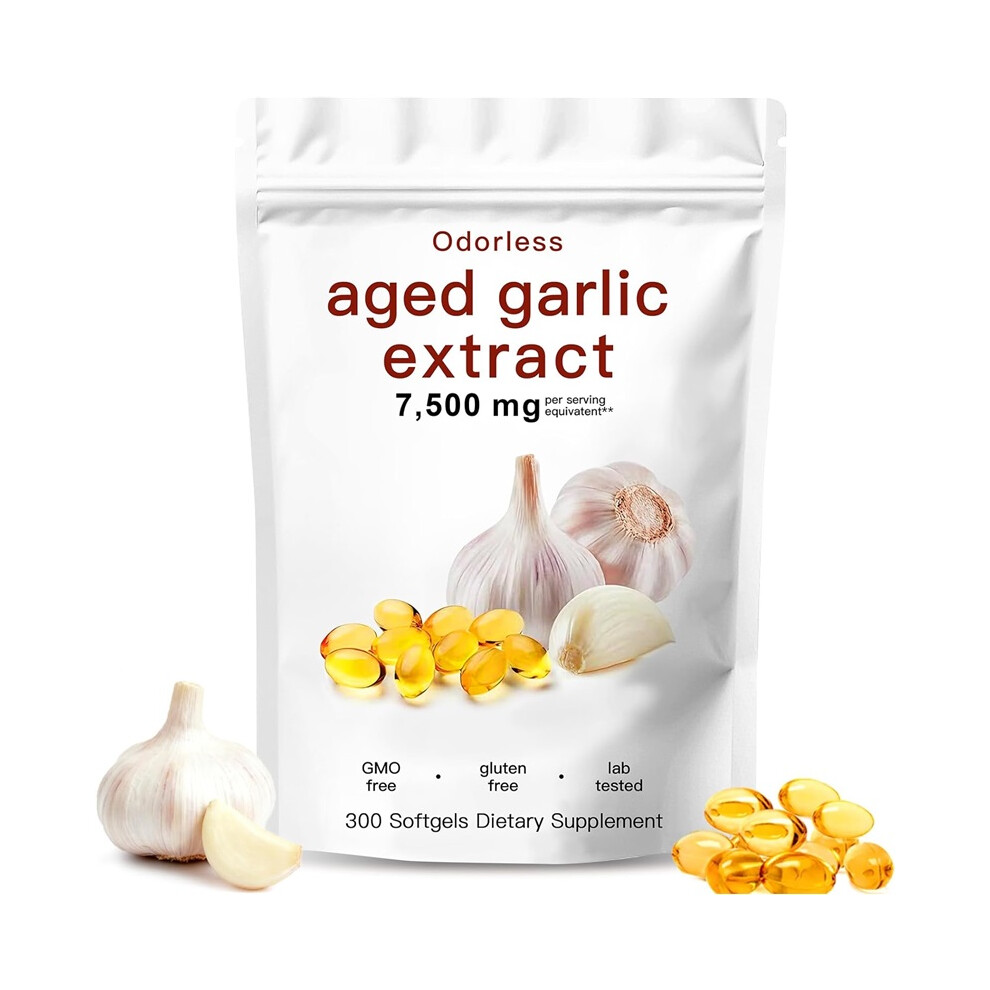 Aged Garlic Extract-300 Count Odorless Organic Garlic Capsules Supplement for Heart & Immune Support Non-GMO,All-Natural Softgels