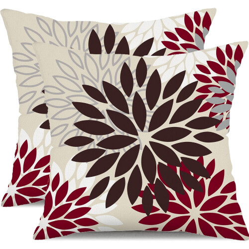 Conjunto de 2 capas de almofada com estampa floral em tons de vermelho e marrom, 45x45 cm (18x18 polegadas).