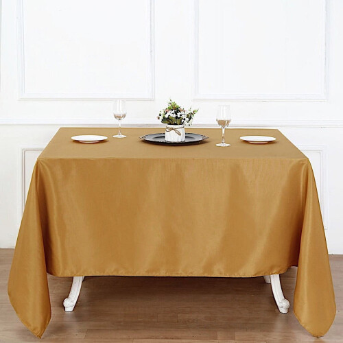 Toalha de mesa quadrada dourada de poliéster, 90 polegadas (228 cm).
