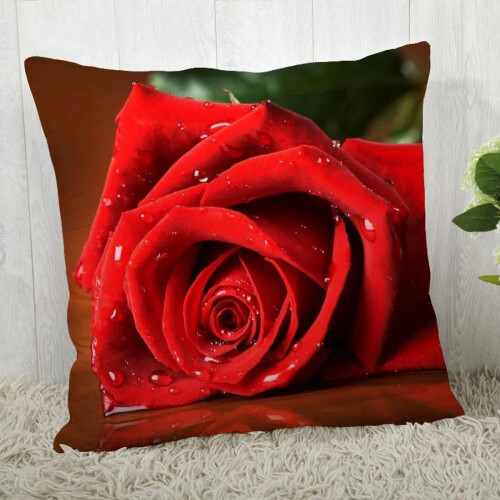 Federa in cotone e lino con stampa di rose rosse, 45x45 cm